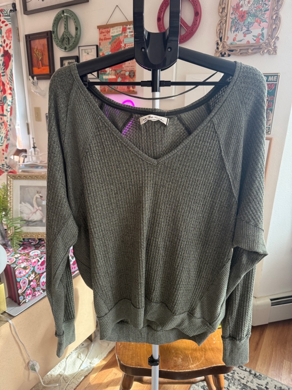 We The Free Olive Green V-Neck Waffle Knit Sweater